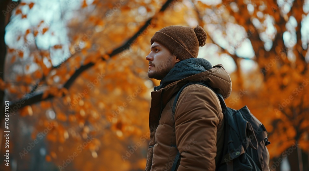 a man wearing a brown jacket in the park in an autumn autumn mood a man wearing a brown jacket in the park in an autumn autumn mood