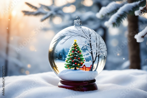 Christmas glass ball with tree in it on winter background