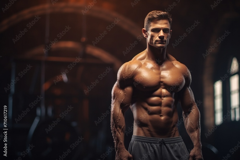 a muscular man in a gym posing