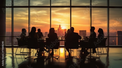 Silhouettes of business people at a large table against the backdrop of a large city at sunset. A business meeting in the conference room of the office with large panoramic windows.