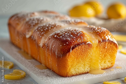 Citrus delight Lemon bread, sugar coated, whole loaf in close up view photo
