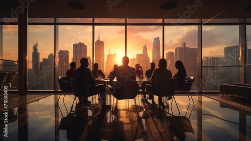 Silhouettes of business people at a large table against the backdrop of a large city at sunset. A business meeting in the conference room of the office with large panoramic windows.