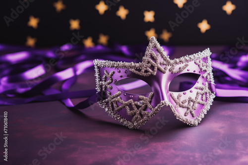 Happy Purim carnival decoration concept made from mask and sparkle star on purple background.Happy Purim in Hebrew, jewish holiday celebrate.