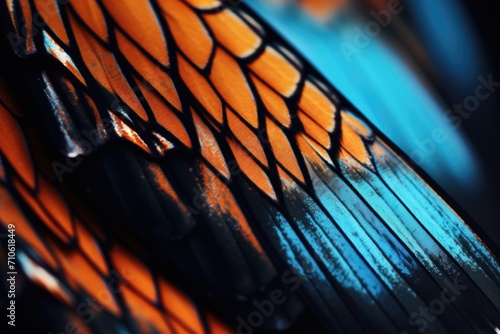 Closeup butterfly wing with blue and orange colors on black background