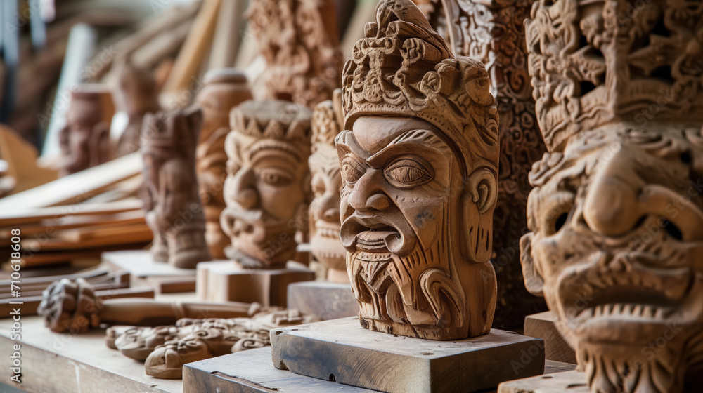 Fototapeta premium Carved wooden masks displayed at a market.