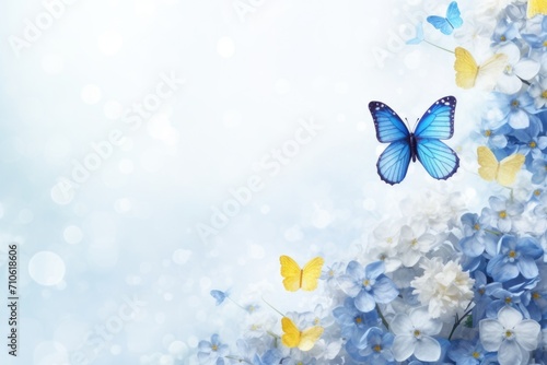 Floral nature card with hydrangeas, daisies, and butterflies