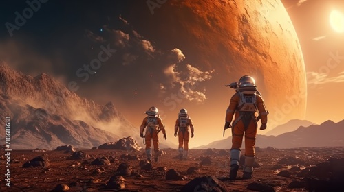 Fototapeta Naklejka Na Ścianę i Meble -  Astronauts in futuristic space suits are exploring the surface of Mars.