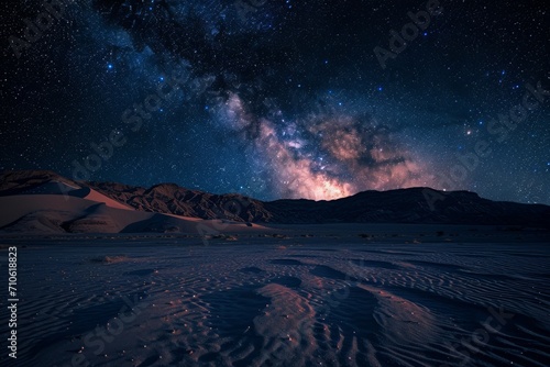 Surreal desert night sky with Milky Way arc, blending the wonder of astronomy with the beauty of earth's landscapes.