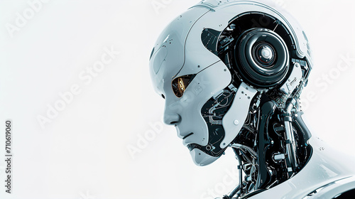 AI robot against a white background, he listens to Music with interest, stock image