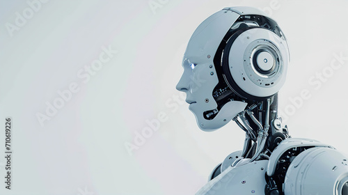 AI robot against a white background, he listens to Music with interest, stock image © Irina