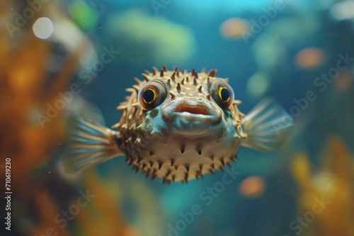 Intrigued pufferfish swimming in a vibrant underwater scene, with a curious gaze and detailed texture.
