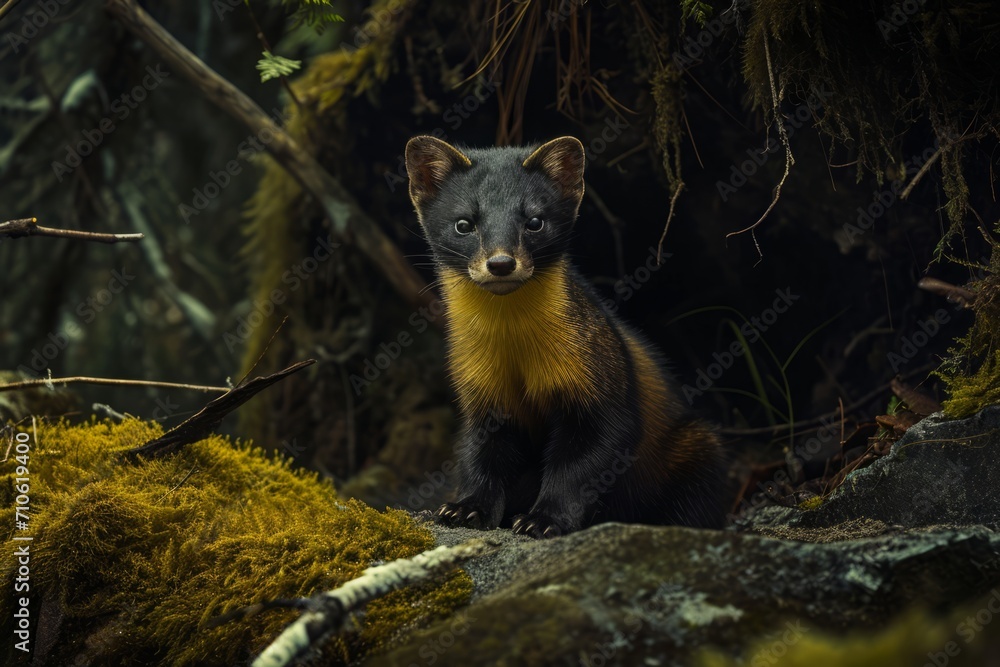 Pine marten perched in lush forest, alert and looking directly at the camera
Pine marten perched in lush forest, alert and looking directly at the camera