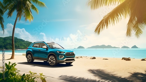 Blue sport SUV car parked by the tropical sea under umbrella tree. Summer vacation at the beach. Summer travel by car. Road trip. Automotive industry. Hybrid and electric car concept. Summer vibes.  © Ziyan Yang
