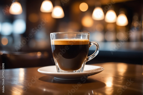 Close up shot of a cup of espresso  blurred background of a bar