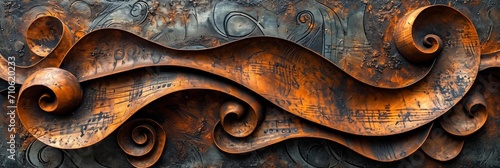 surreal metallic relief, musical abstract pattern made of patinated copper 