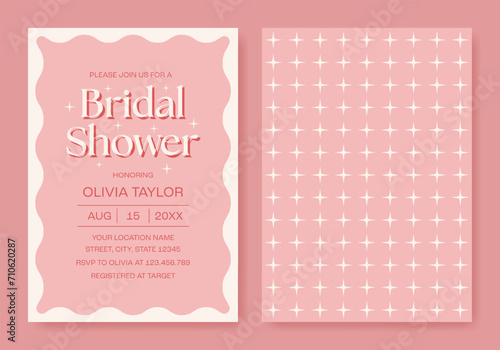 Pink wavy minimalist bridal shower invitation. Elegant retro party invitation template. Vector illustration