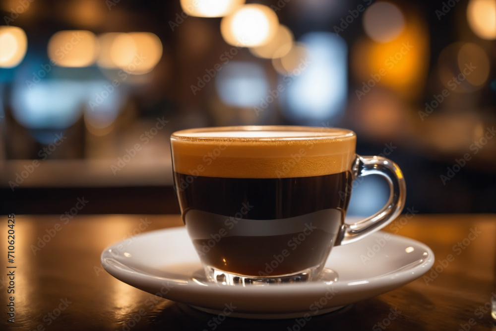Close up shot of a cup of espresso, blurred background of a bar Close up shot of a cup of espresso, blurred background of a bar