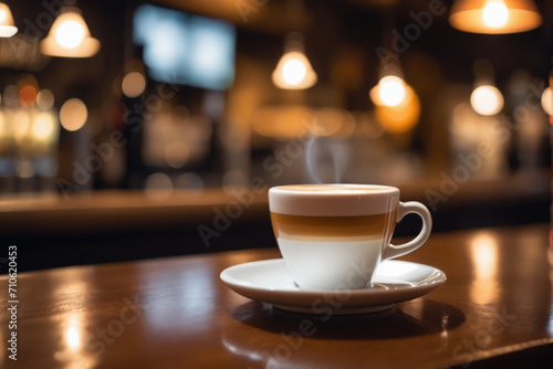Close up shot of a cup of espresso  blurred background of a bar