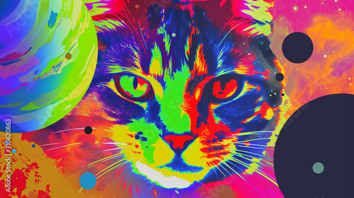 Wow pop art cat face. Planets in space colorful background. Fantasy pop art © Furkan