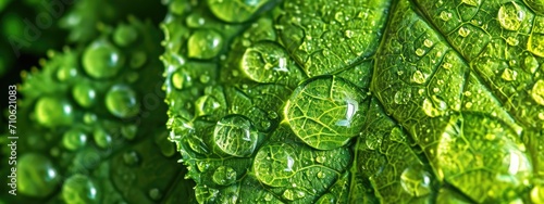 Generative AI, macro texture of green leaf with water drops, green foliage texture, ecology background 