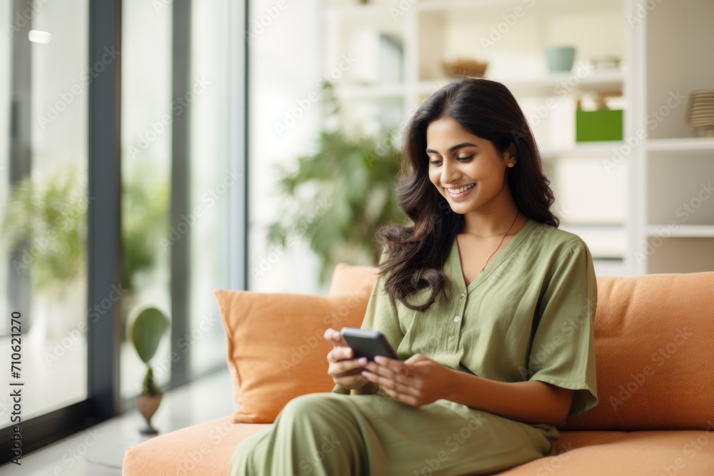 A portrait of an indian lady using a smart home app on his phone sitting on a couch,  - obrazy, fototapety, plakaty 
