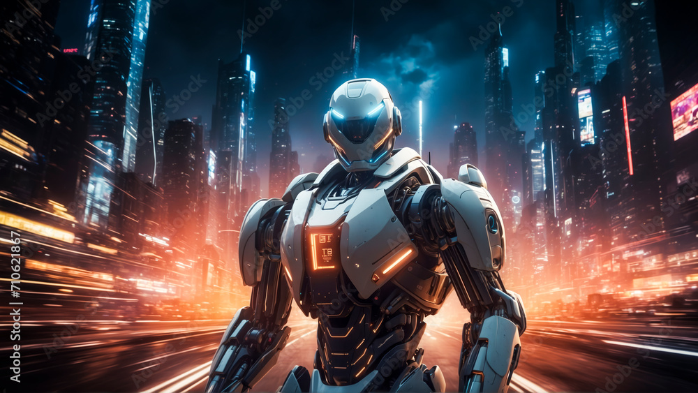Illuminated Future: An AI Robot Stands Tall in a Nighttime Futuristic City with Glowing Orange Lights Illuminated Future: An AI Robot Stands Tall in a Nighttime Futuristic City with Glowing Orange Lights