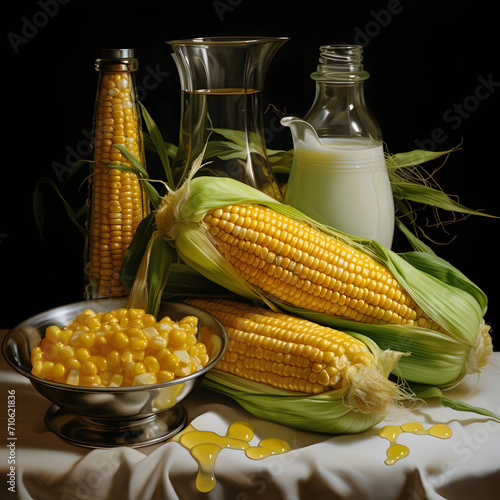 Yellow corn cobs in green leaf with kernels around milk containers black background. Corn as a dish of thanksgiving for the harvest.