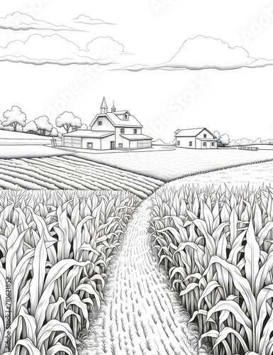 Charta White coloring book; corn field, farm and houses in the background. Corn as a dish of thanksgiving for the harvest, picture on a white isolated background. photo