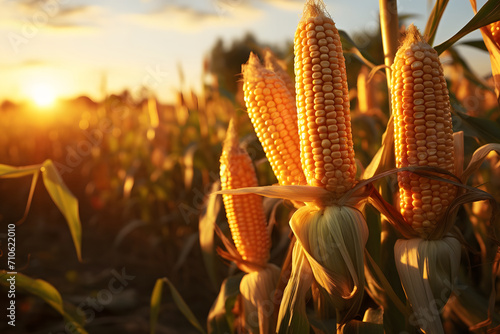 Yellow corn cobs in the field at sunrise or sunset. Corn as a dish of thanksgiving for the harvest.