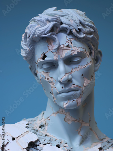 broken roman greek style influenced stature that is broken and cracking, blue 3d art sculpture in front of a blue background