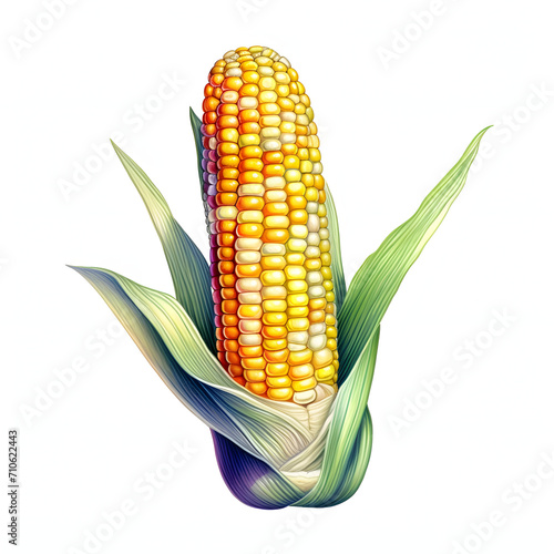 Illustration of corn cob with green leaf. Corn as a dish of thanksgiving for the harvest, picture on a white isolated background.