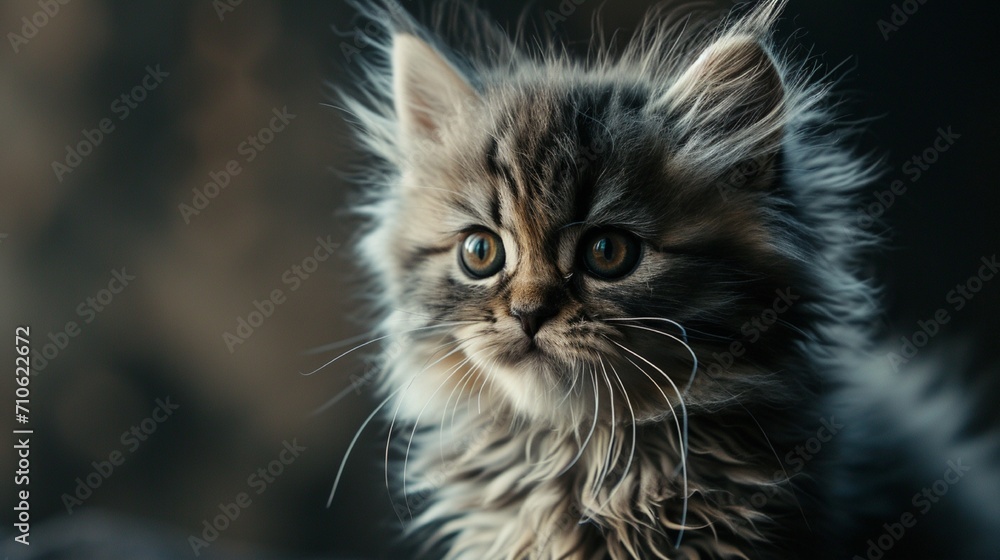 A fluffy Persian kitten with big eyes against a warm gray backdrop, exuding cuteness with every glance.