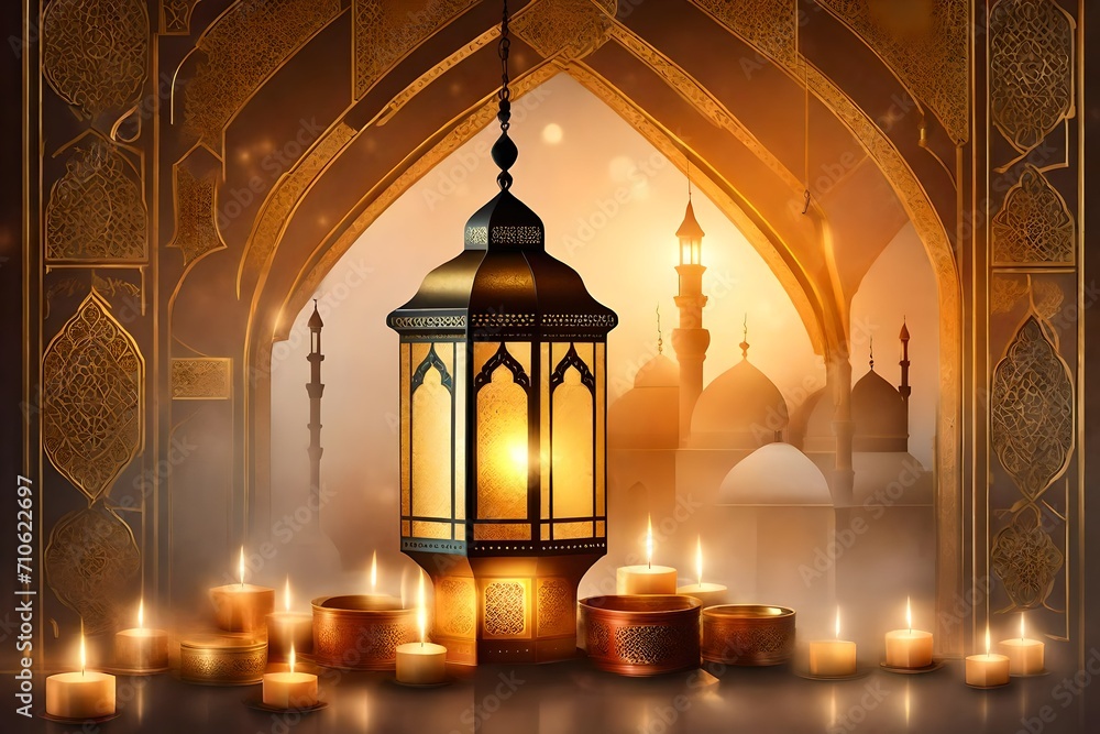 Colourful Lanterns lit to welcome Ramadan Kareem in Middle Eastern Countries generated by AI