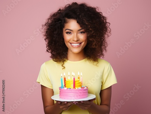 Happy cute young woman holding a big birthday cake with candles