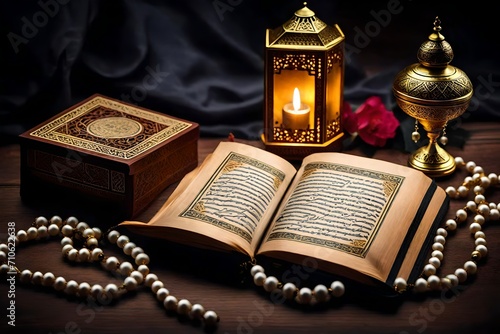 islamic book in open book and rosary photo