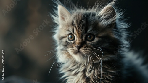 A fluffy Persian kitten with big eyes against a warm gray backdrop, exuding cuteness with every glance.
