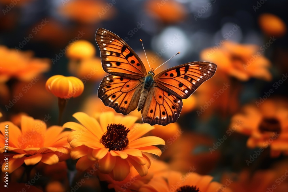 Orange butterfly and orange cosmos flowers Orange butterfly and orange cosmos flowers