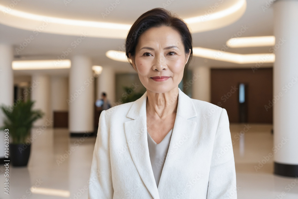 female old age southeast asian hotel receptionist or manager standing in lobby with reception. welcoming guests, offering services or checkin. tourism and travel concept. female old age southeast asian hotel receptionist or manager standing in lobby with reception. welcoming guests, offering services or checkin. tourism and travel concept.