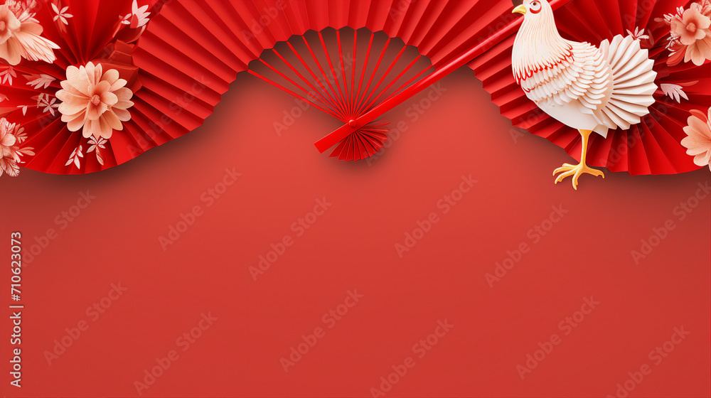 Vibrant Chinese New Year Banner with Red Paper Fans and Rabbit Decorations on Isolated Background – Traditional Lunar Celebration Design