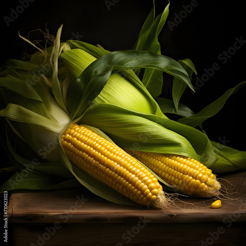 Yellow corn cobs with green leaves on wooden table top black background. Corn as a dish of thanksgiving for the harvest.