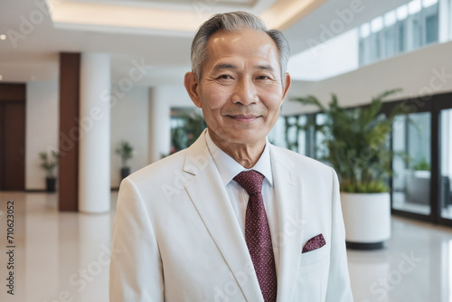 male old age southeast asian hotel receptionist or manager standing in lobby with reception. welcoming guests, offering services or checkin. tourism and travel concept.