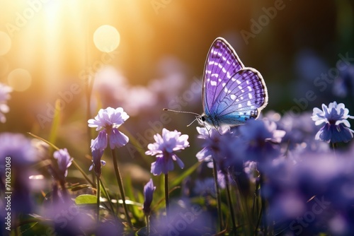 Macro image of purple butterfly on white violet flowers © darshika