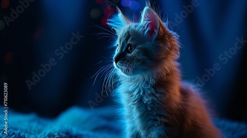 A fluffy Ragdoll kitten with neon hues against a deep indigo background, embodying feline grace and elegance.