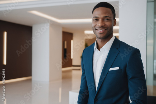 male young age black hotel receptionist or manager standing in lobby with reception. welcoming guests, offering services or checkin. tourism and travel concept.