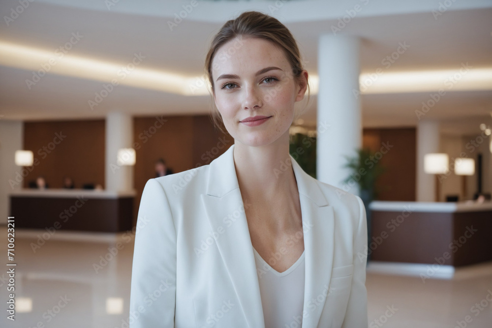 female young age white hotel receptionist or manager standing in lobby with reception. welcoming guests, offering services or checkin. tourism and travel concept. female young age white hotel receptionist or manager standing in lobby with reception. welcoming guests, offering services or checkin. tourism and travel concept.