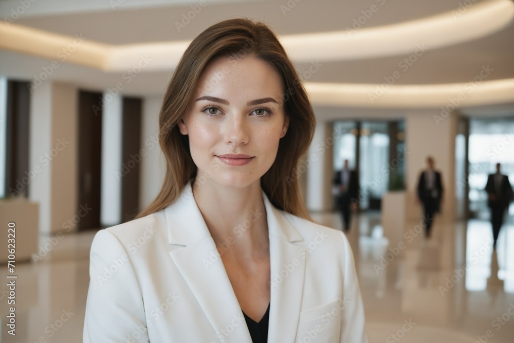 female young age caucasian hotel receptionist or manager standing in lobby with reception. welcoming guests, offering services or checkin. tourism and travel concept. female young age caucasian hotel receptionist or manager standing in lobby with reception. welcoming guests, offering services or checkin. tourism and travel concept.