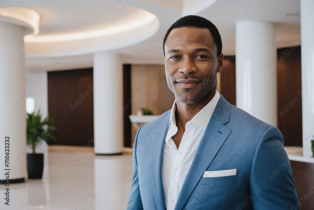 male middle age black hotel receptionist or manager standing in lobby with reception. welcoming guests, offering services or checkin. tourism and travel concept. male middle age black hotel receptionist or manager standing in lobby with reception. welcoming guests, offering services or checkin. tourism and travel concept.