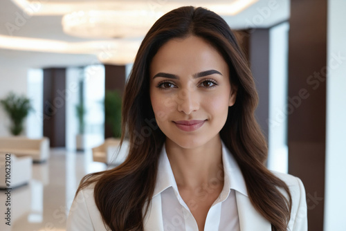 female young age middle eastern hotel receptionist or manager standing in lobby with reception. welcoming guests, offering services or checkin. tourism and travel concept.