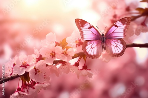 Spring nature scene with blooming tree and butterfly