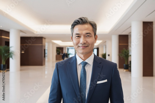 male middle age east asian hotel receptionist or manager standing in lobby with reception. welcoming guests, offering services or checkin. tourism and travel concept. photo